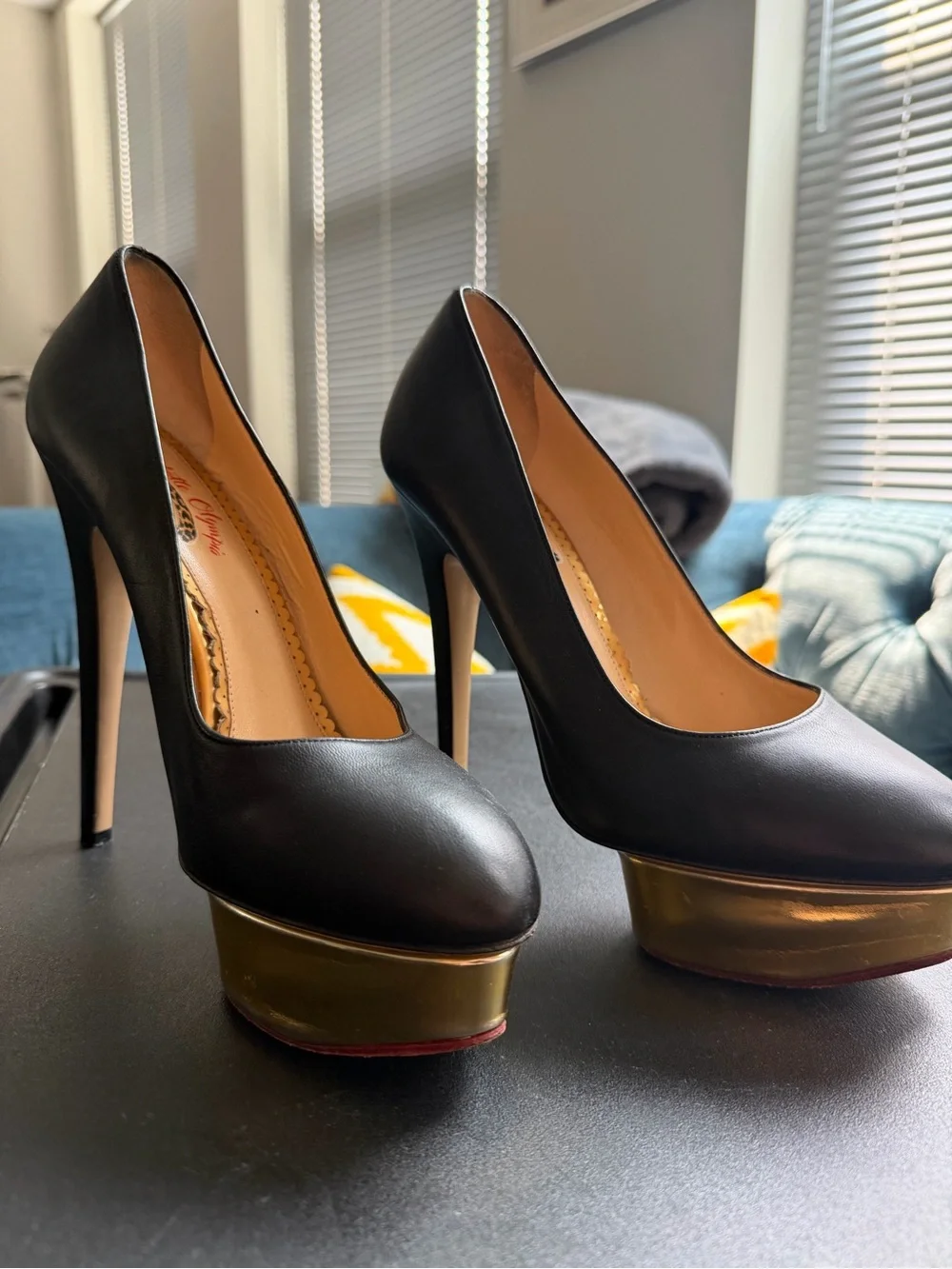 Charlotte Olympia Black Leather Platform Pumps with Gold Platform